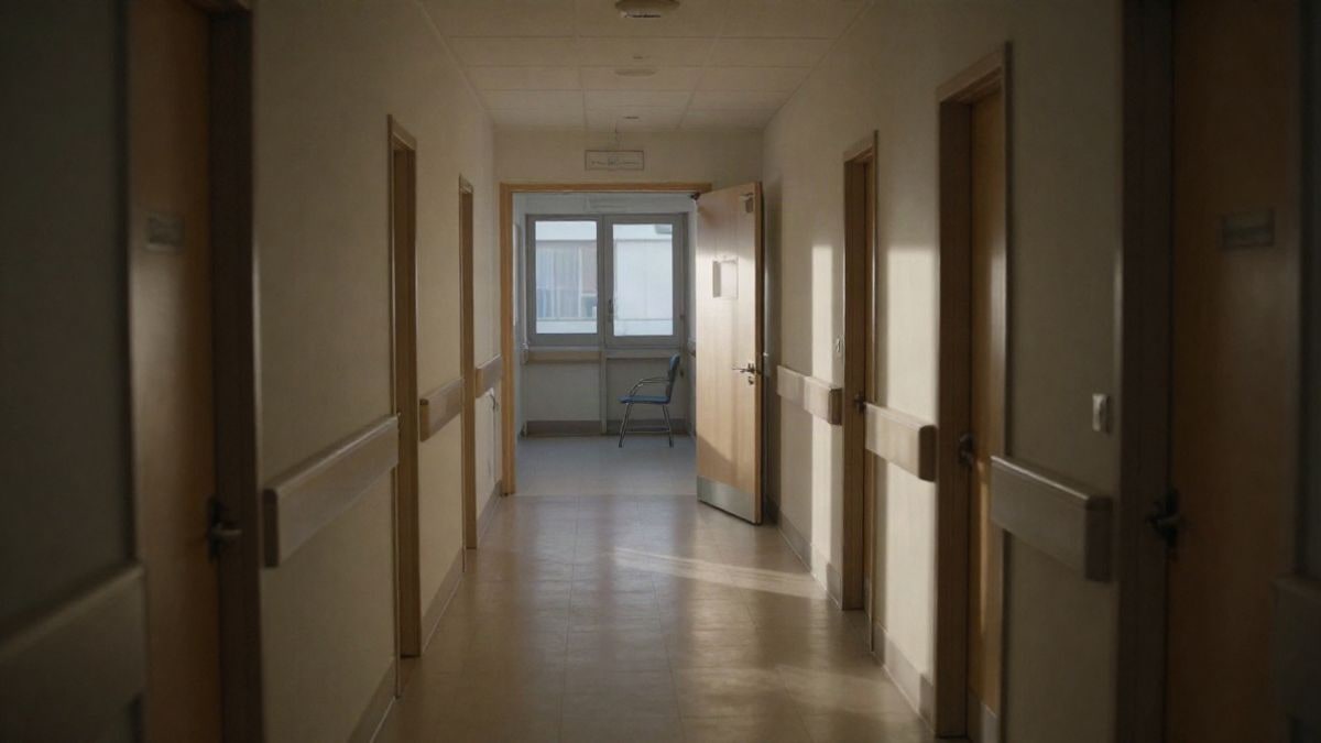 Imagen ilustrativa: pasillo de hospital pediátrico vacío al amanecer con una silla junto a una puerta