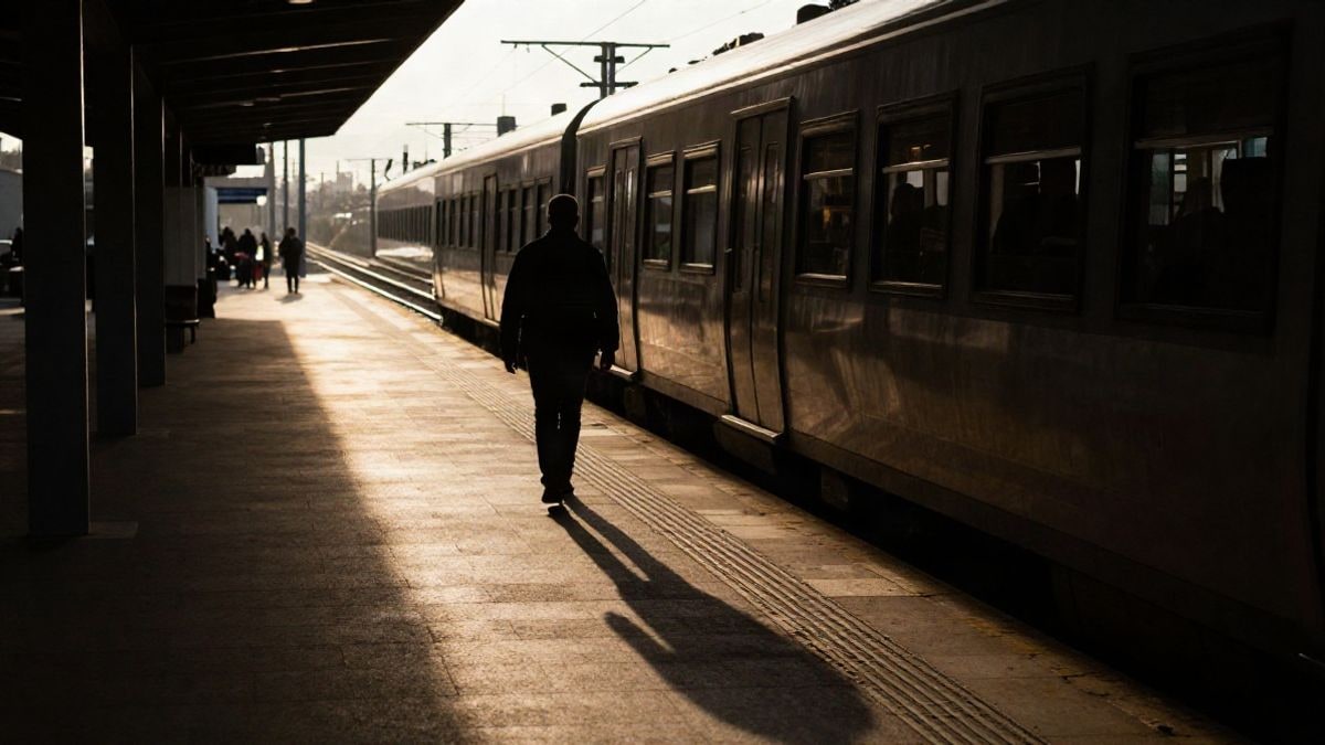 Imagen ilustrativa: andén de tren de cercanías en contraluz al atardecer con un tren detenido y sombras largas