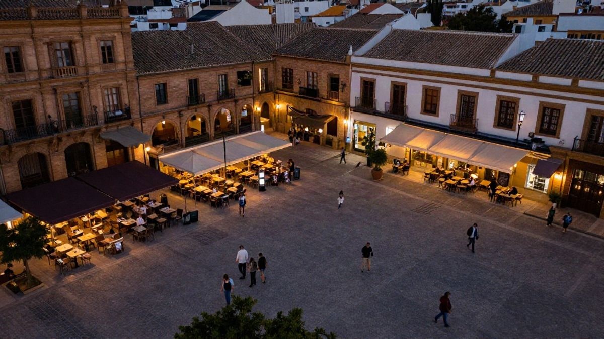 Imagen ilustrativa: vista cenital de una plaza española al atardecer con terrazas y paseantes