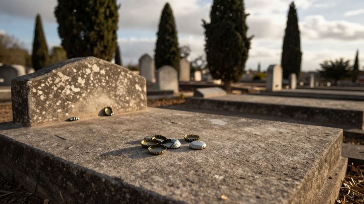 Imagen ilustrativa: ángulo bajo de una lápida antigua en un cementerio con chapas metálicas sobre la piedra y cipreses al fondo