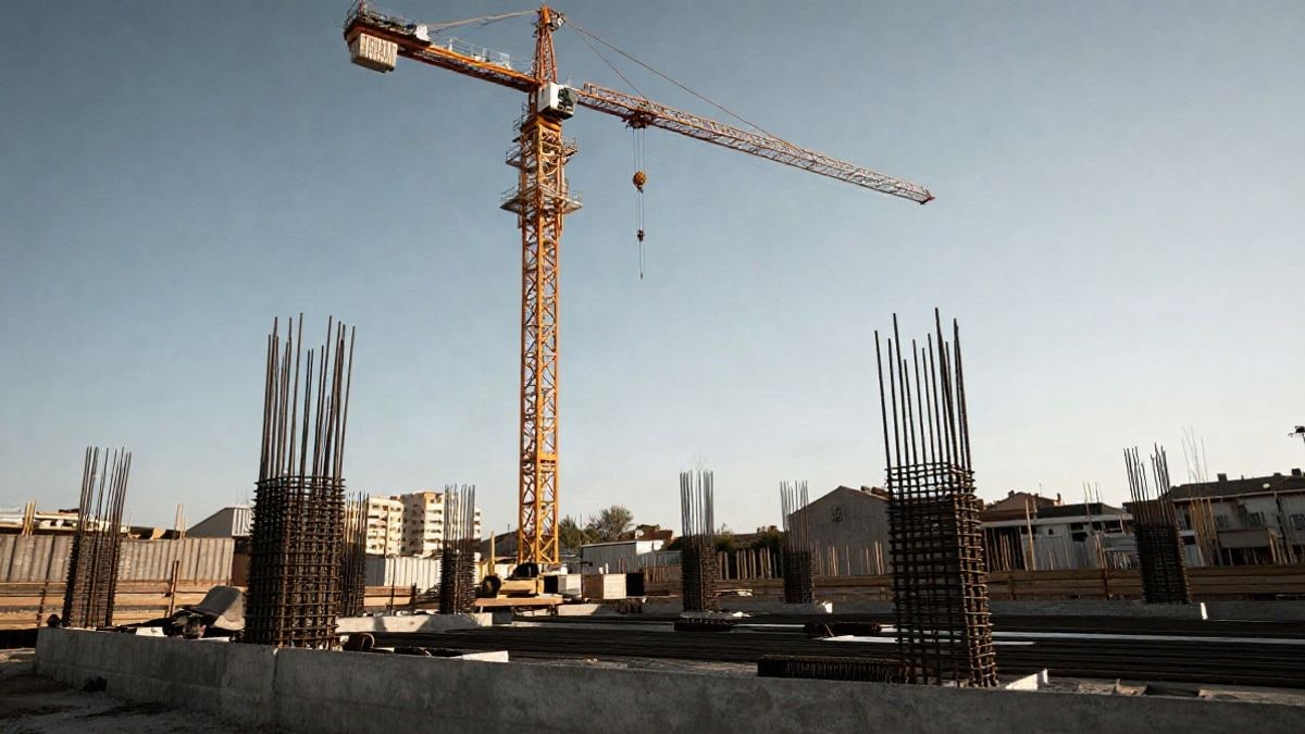 Imagen ilustrativa: grúas y estructuras en construcción vistas desde el suelo con cielo despejado
