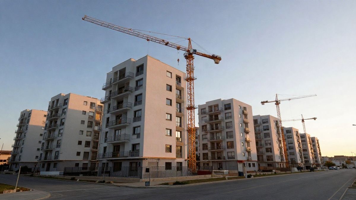 Imagen ilustrativa: bloques de viviendas nuevas en construcción vistos desde el suelo con el cielo al fondo