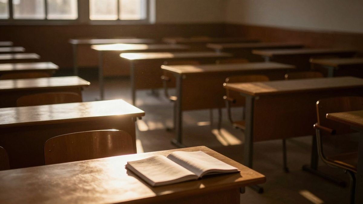 Imagen ilustrativa: un aula universitaria vacía al atardecer, con las sillas en silueta y sombras largas sobre el suelo