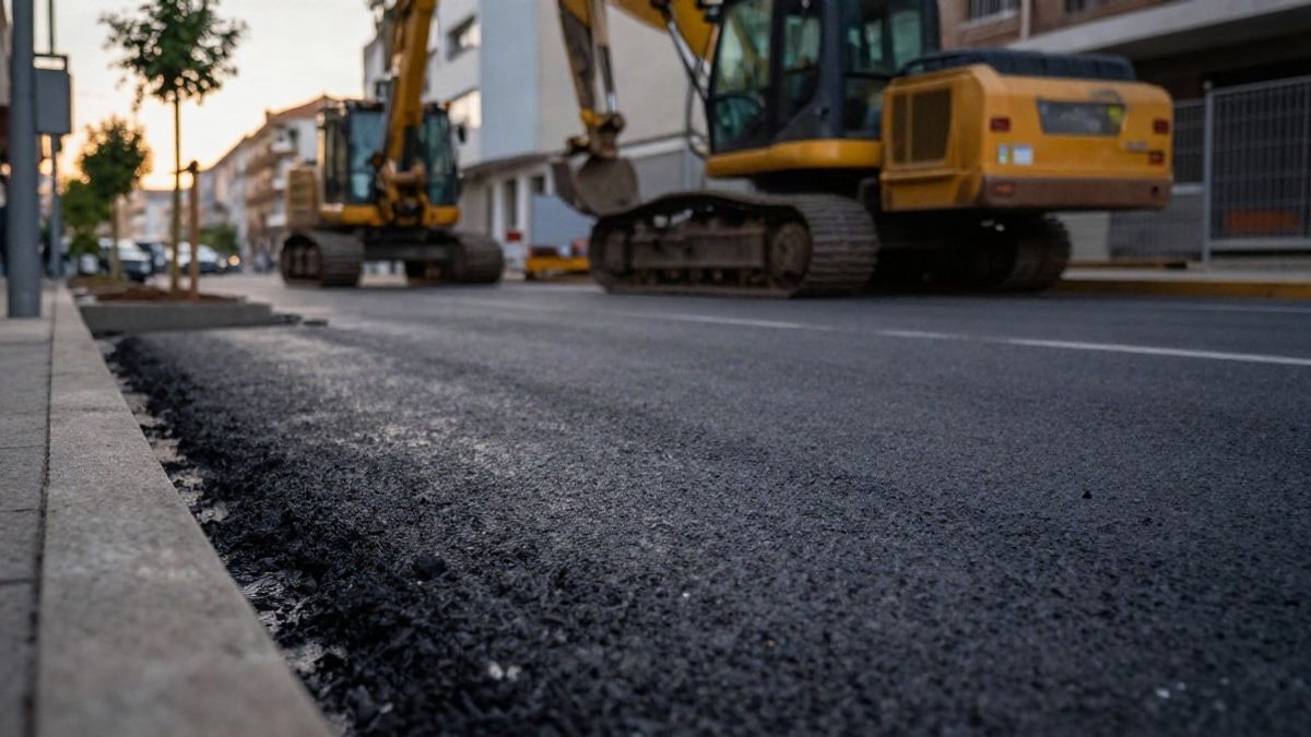 Imagen ilustrativa: calle en obras con asfalto nuevo, maquinaria y un árbol recién plantado, al atardecer.
