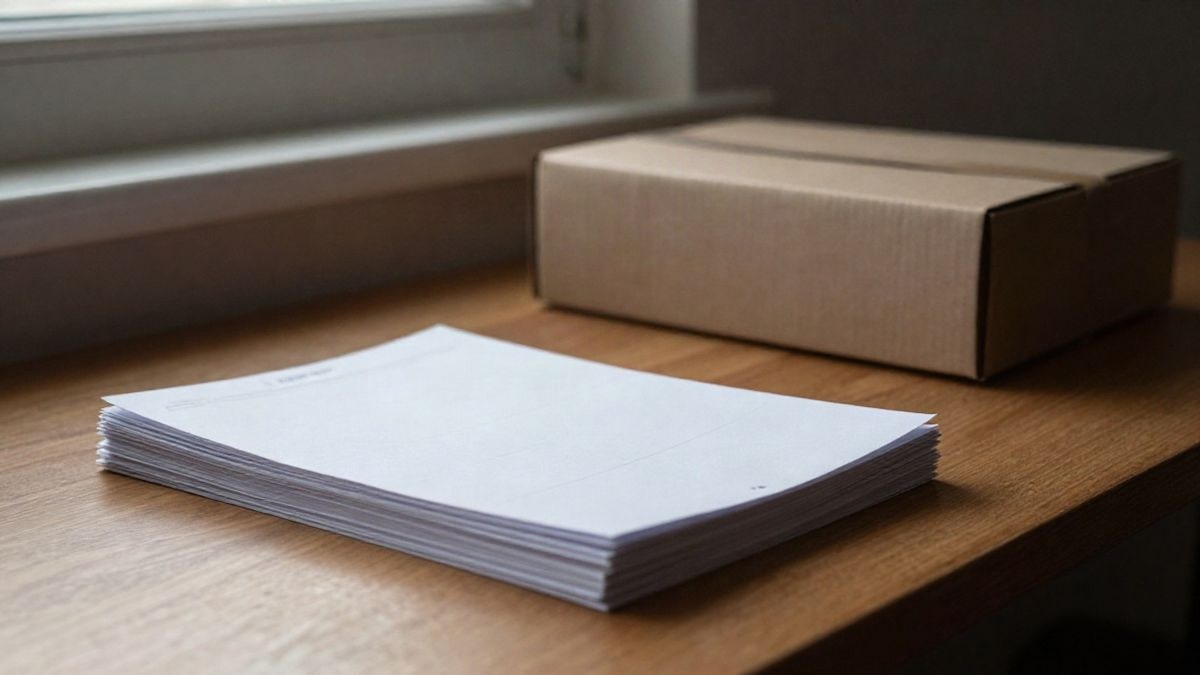 Imagen ilustrativa: una mesa de madera con papeletas en blanco apiladas y una urna de cartón cerrada