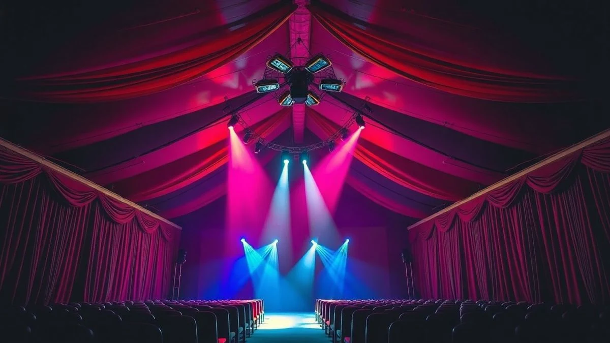 Imagen ilustrativa: interior de una carpa de circo iluminada con focos de colores y un escenario circular vacío