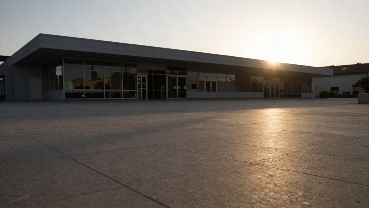 Imagen ilustrativa: fachada de un edificio sanitario moderno de poca altura al atardecer, con sombras largas sobre una plaza vacía
