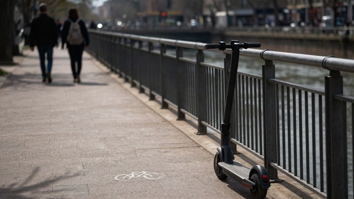 Imagen ilustrativa: senda ciclable junto a un río en un parque urbano, con un patinete eléctrico aparcado al borde del camino