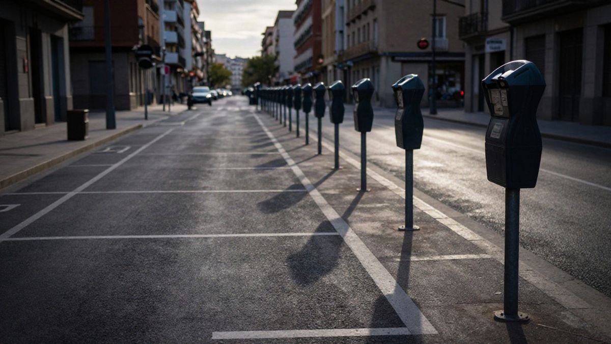 Imagen ilustrativa: calle urbana al atardecer con una fila de parquímetros que se pierde en la distancia