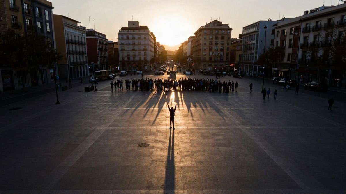 Imagen ilustrativa: una plaza urbana genérica al atardecer con siluetas de una multitud y sombras alargadas