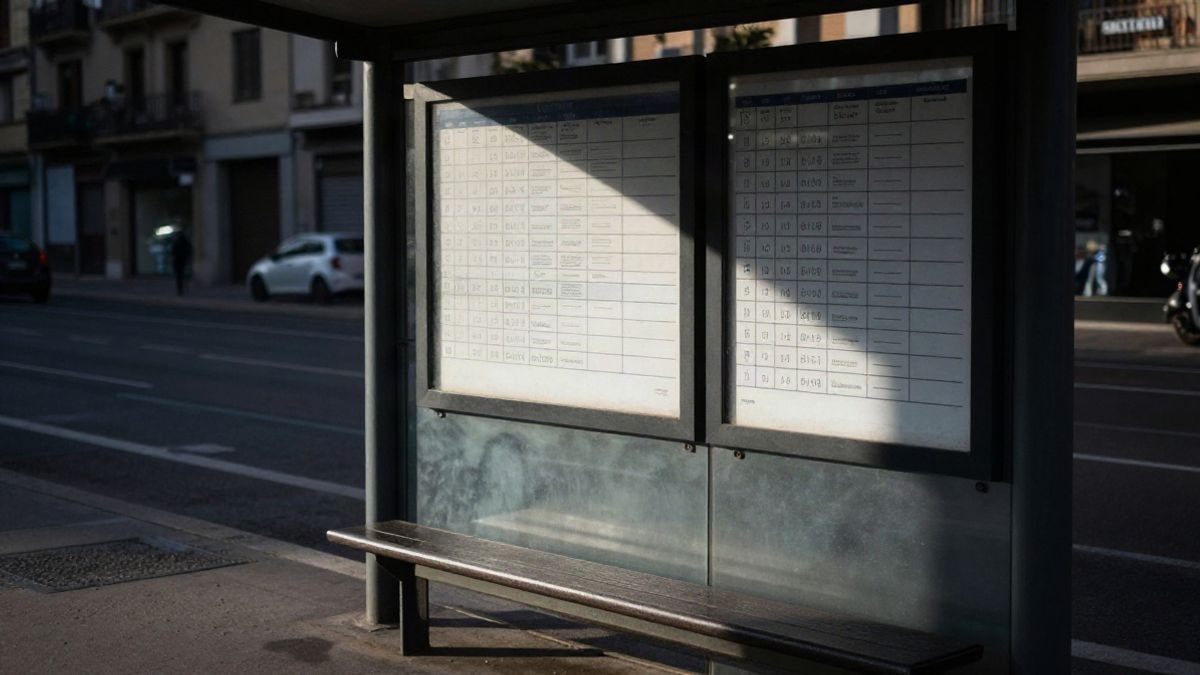 Imagen ilustrativa: marquesina de autobús con horario y banco vacío, luz lateral de ventana