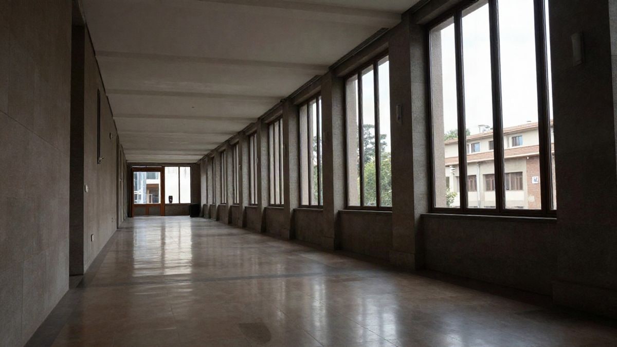 Imagen ilustrativa: pasillo vacío de un edificio administrativo moderno con luz natural entrando por grandes ventanas