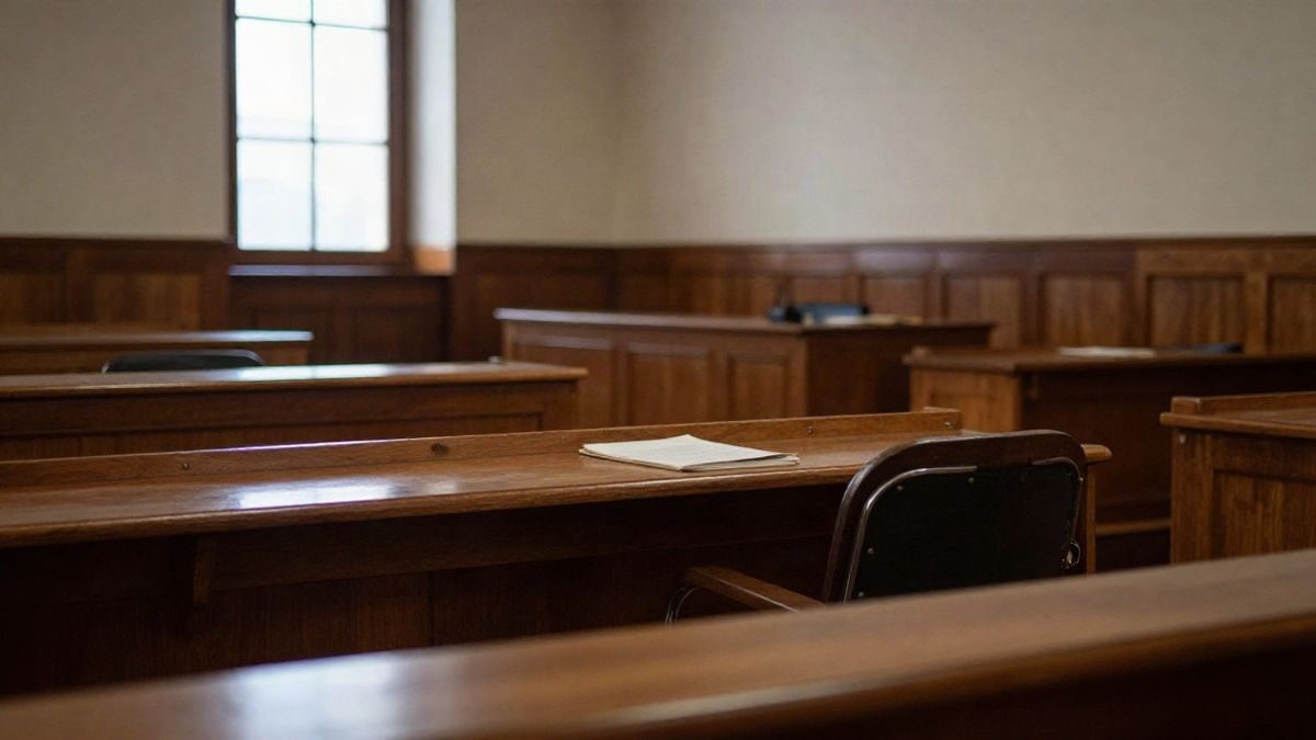 Imagen ilustrativa: banco vacío de una sala de tribunal con luz entrando por una ventana alta