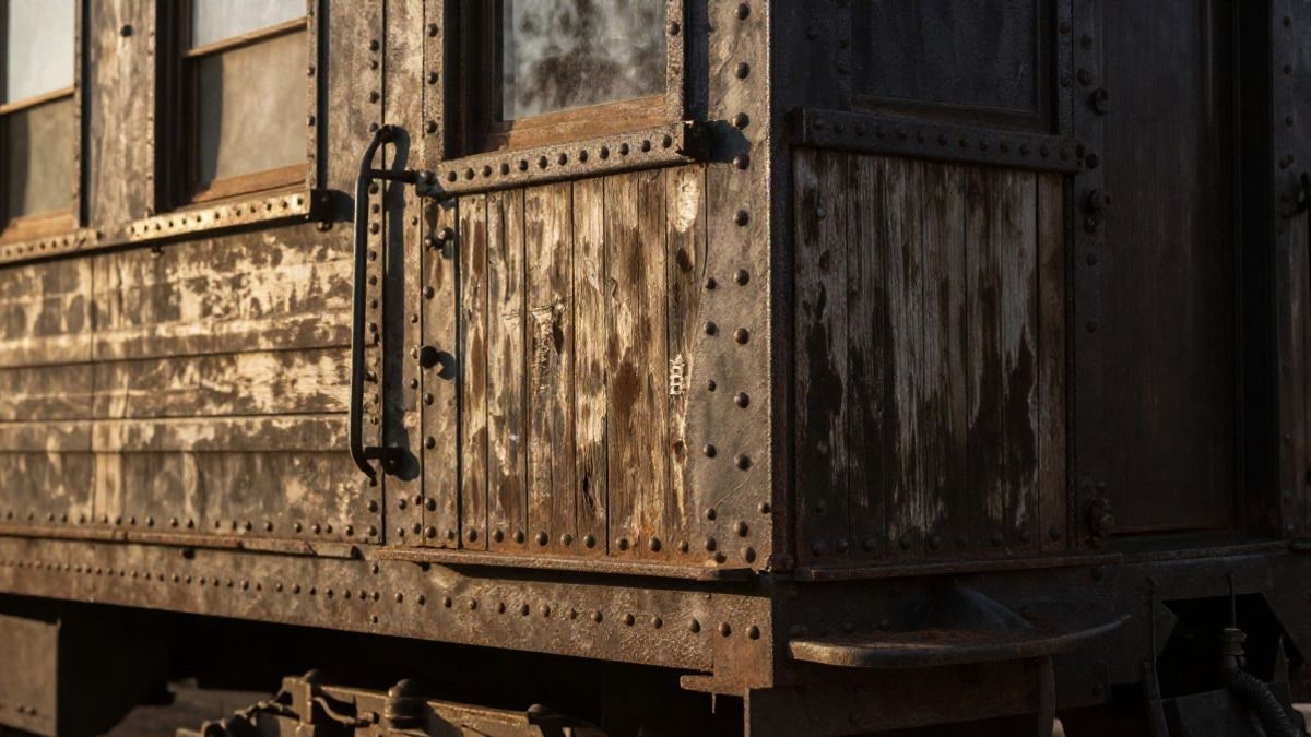 Imagen ilustrativa: detalle de remaches y chapa oxidada de un vagón antiguo bajo luz cálida de tarde