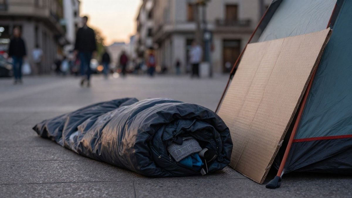 Imagen ilustrativa: saco de dormir y pancarta junto a una tienda de campaña en una plaza urbana al amanecer