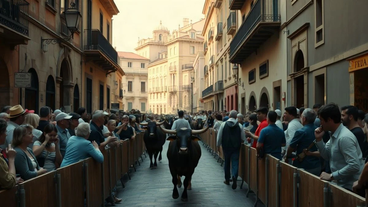 Imagen ilustrativa: calle empedrada con barreras de madera y público al fondo durante un encierro.