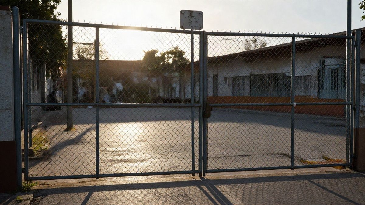 Imagen ilustrativa: verja de un colegio con valla metálica al atardecer, con sombras largas sobre el suelo vacío
