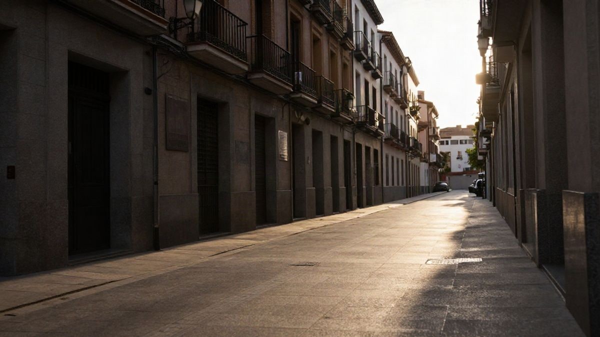 Imagen ilustrativa: calle residencial vacía al atardecer, con sombras largas y una farola encendida al fondo