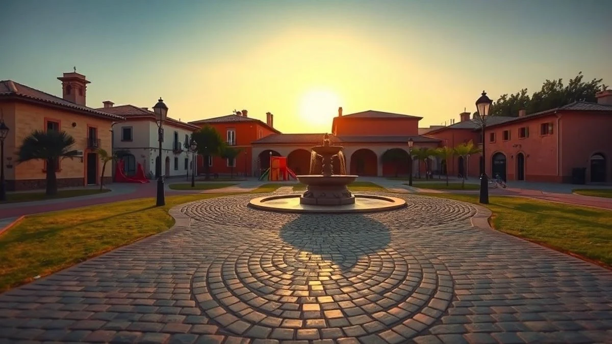 Imagen ilustrativa: plaza mayor renovada con pavimento de piedra, farolas modernas y zona infantil al atardecer