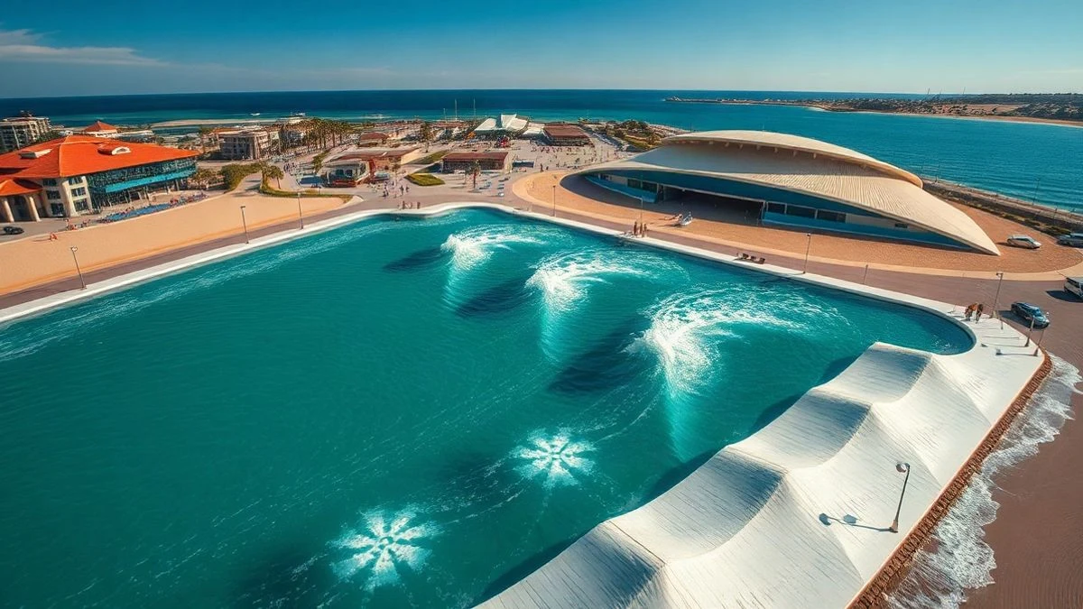 Imagen ilustrativa: vista aérea de una laguna artificial con olas y arena, junto a un estadio moderno