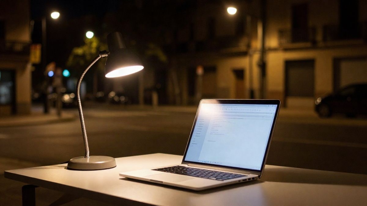 Imagen ilustrativa: un portátil cerrado sobre una mesa iluminada por una lámpara, con una calle urbana desenfocada de noche al fondo