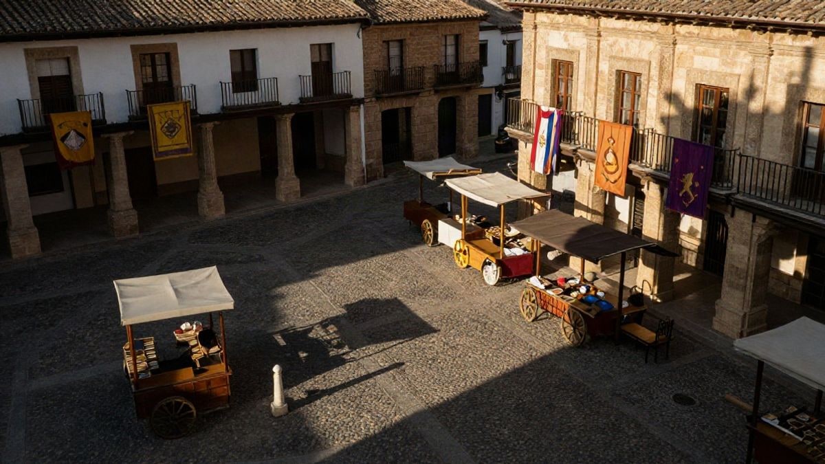 Imagen ilustrativa: vista cenital de una plaza histórica con puestos de mercado y calles empedradas