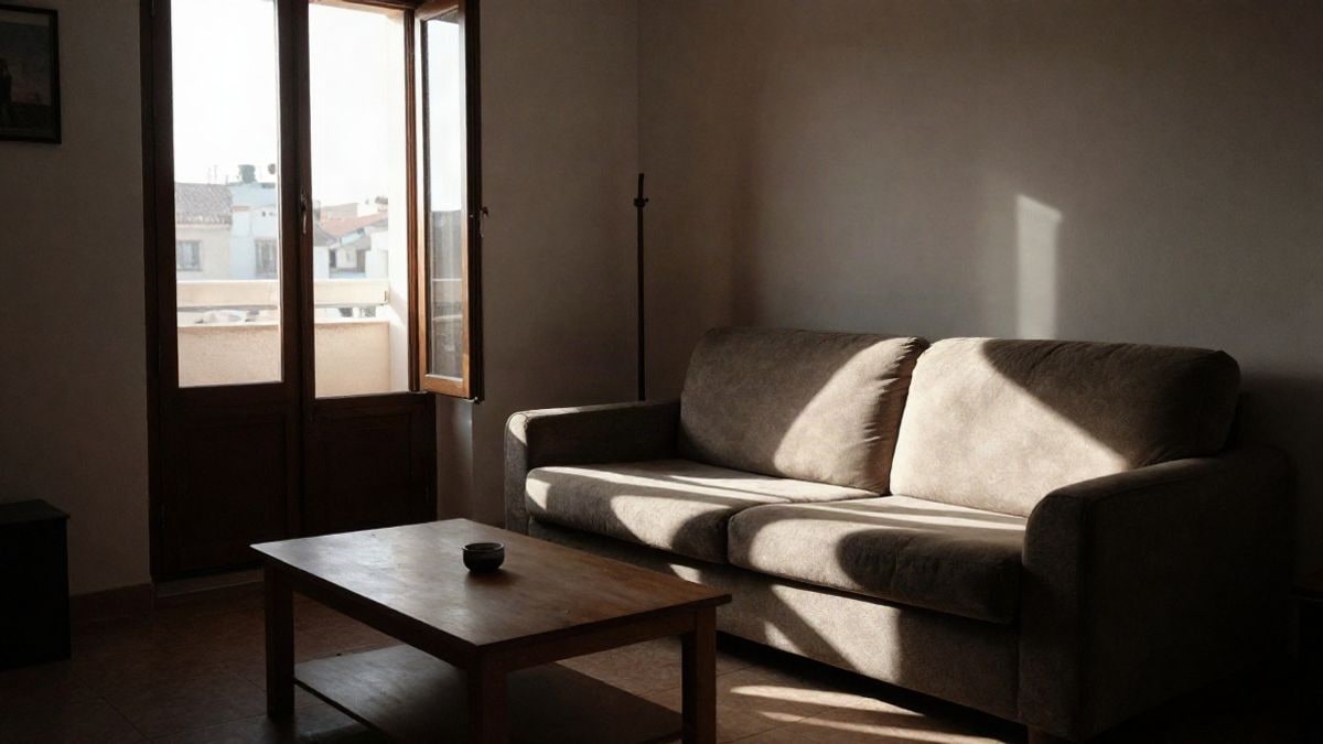Imagen ilustrativa: interior de un salón de piso español con luz de ventana lateral y sombras alargadas sobre un sofá y una mesa baja