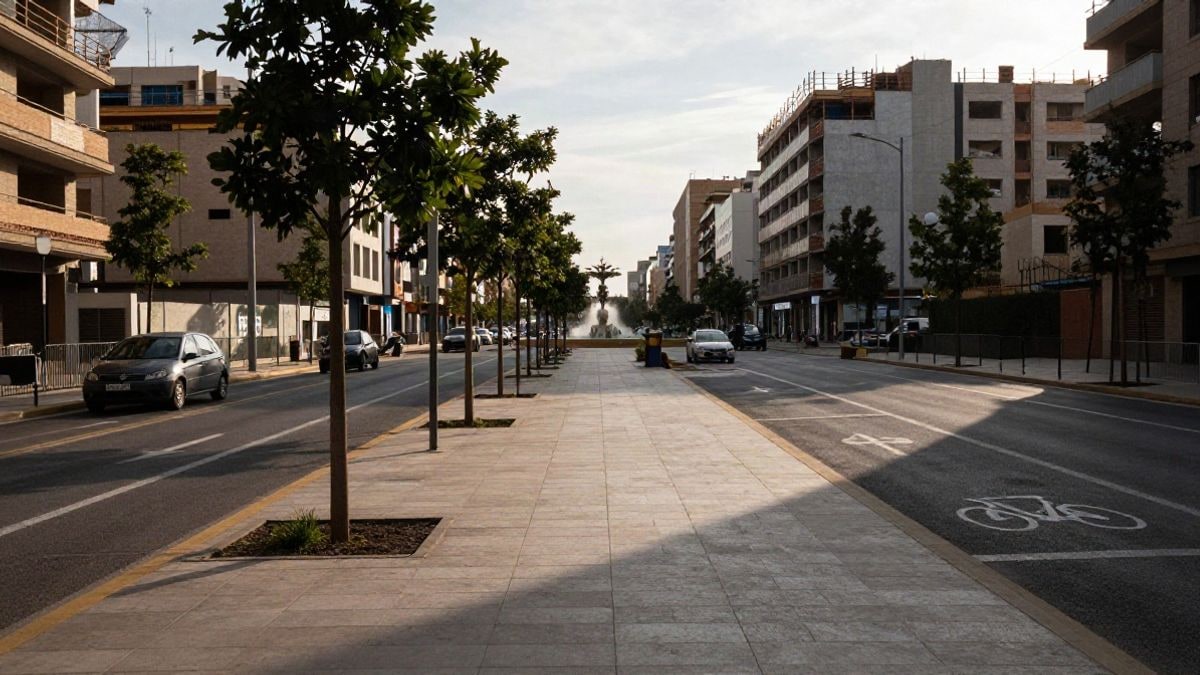 Imagen ilustrativa: bulevar urbano en construcción con paseo central, árboles jóvenes y fuente ornamental al fondo
