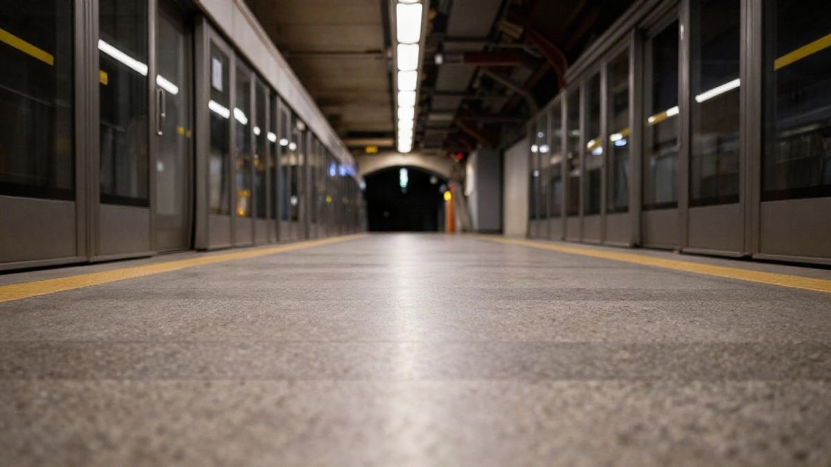 Imagen ilustrativa: andén de metro vacío con puertas de seguridad cerradas y túnel al fondo