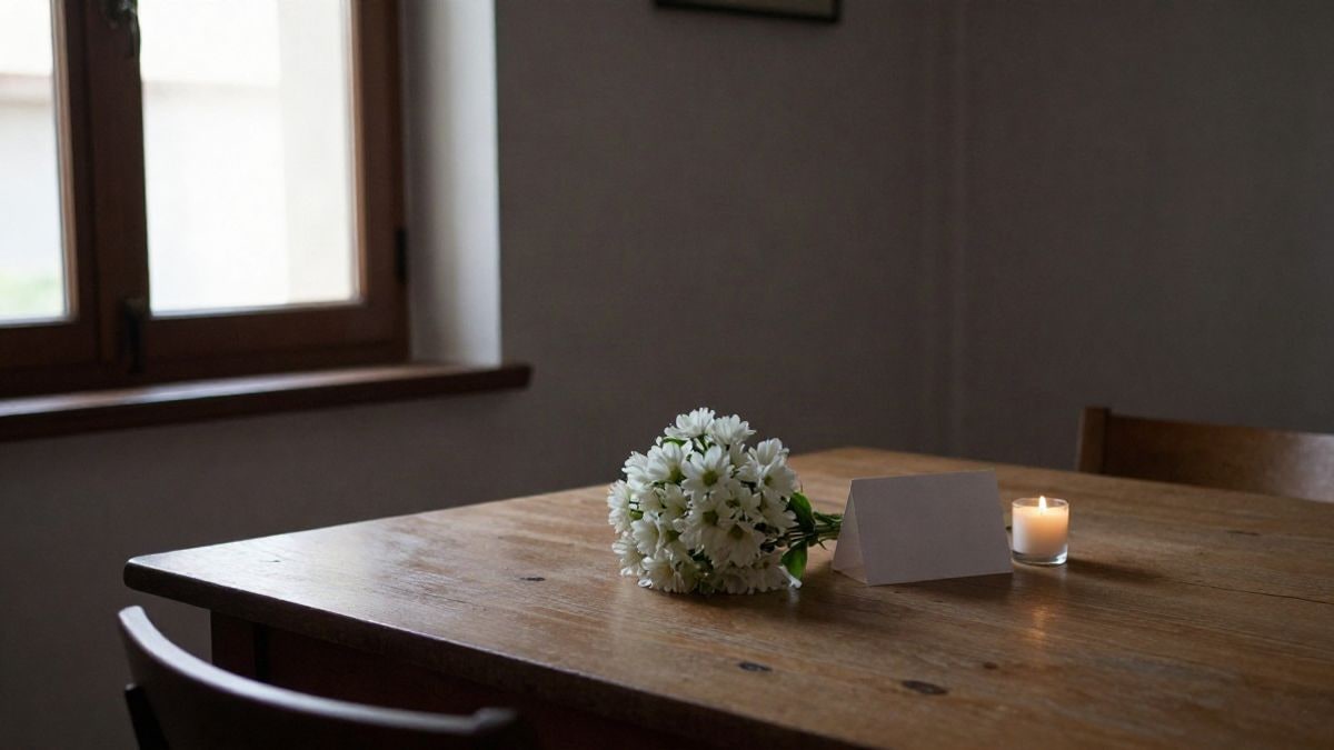 Imagen ilustrativa: escena de interior con luz de ventana lateral, con flores blancas y una vela sobre una mesa de madera.
