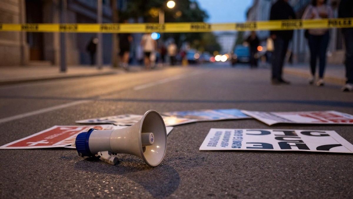 Imagen ilustrativa: carteles y un megáfono en el asfalto de una calle urbana al atardecer