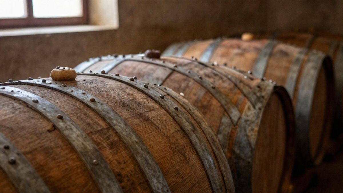 Imagen ilustrativa: detalle de duelas de madera de roble envejecida y aros de hierro en una bodega con luz natural