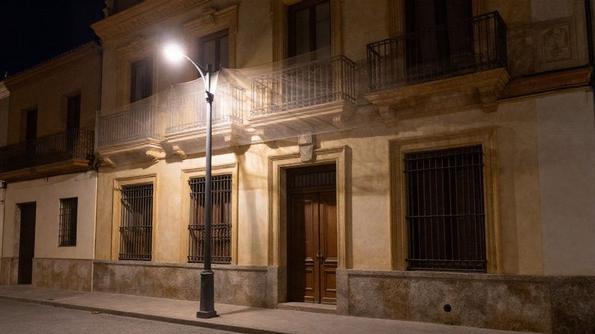 Imagen ilustrativa: fachada de un edificio histórico con mallas de protección iluminada por farolas de noche.