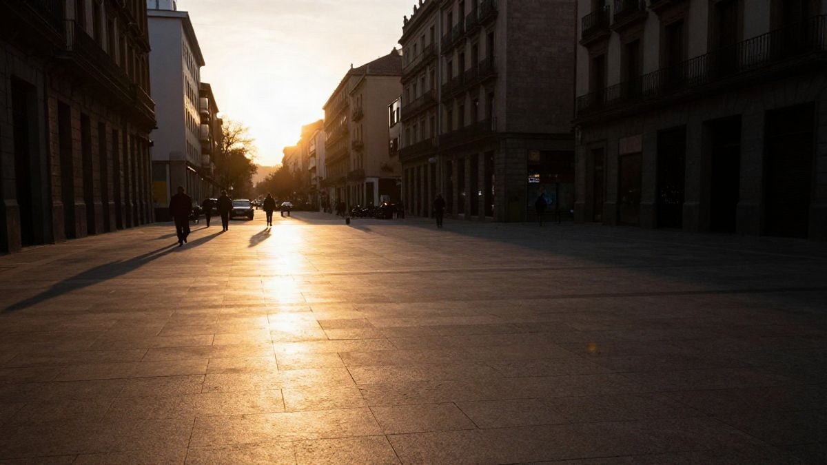 Imagen ilustrativa: contraluz al atardecer en una plaza urbana con siluetas lejanas y sombras alargadas