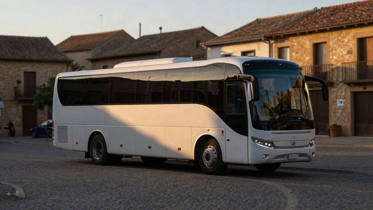 Imagen ilustrativa: autobús de excursión aparcado en la plaza empedrada de un pueblo