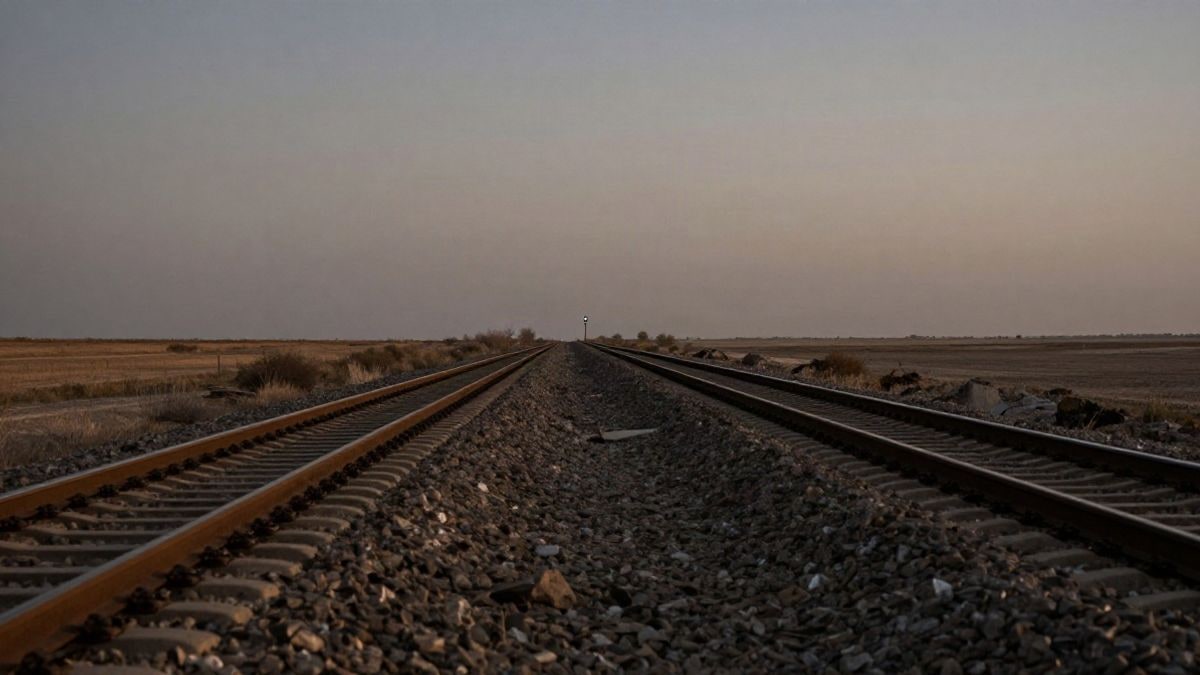 Imagen ilustrativa: vía ferroviaria vacía al atardecer con una señal luminosa al fondo