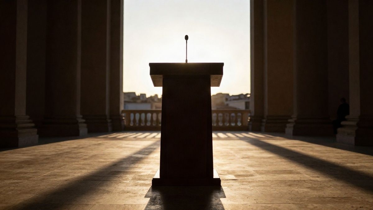 Imagen ilustrativa: contraluz al atardecer de un atril vacío en un salón institucional, con sombras largas y columnas desenfocadas