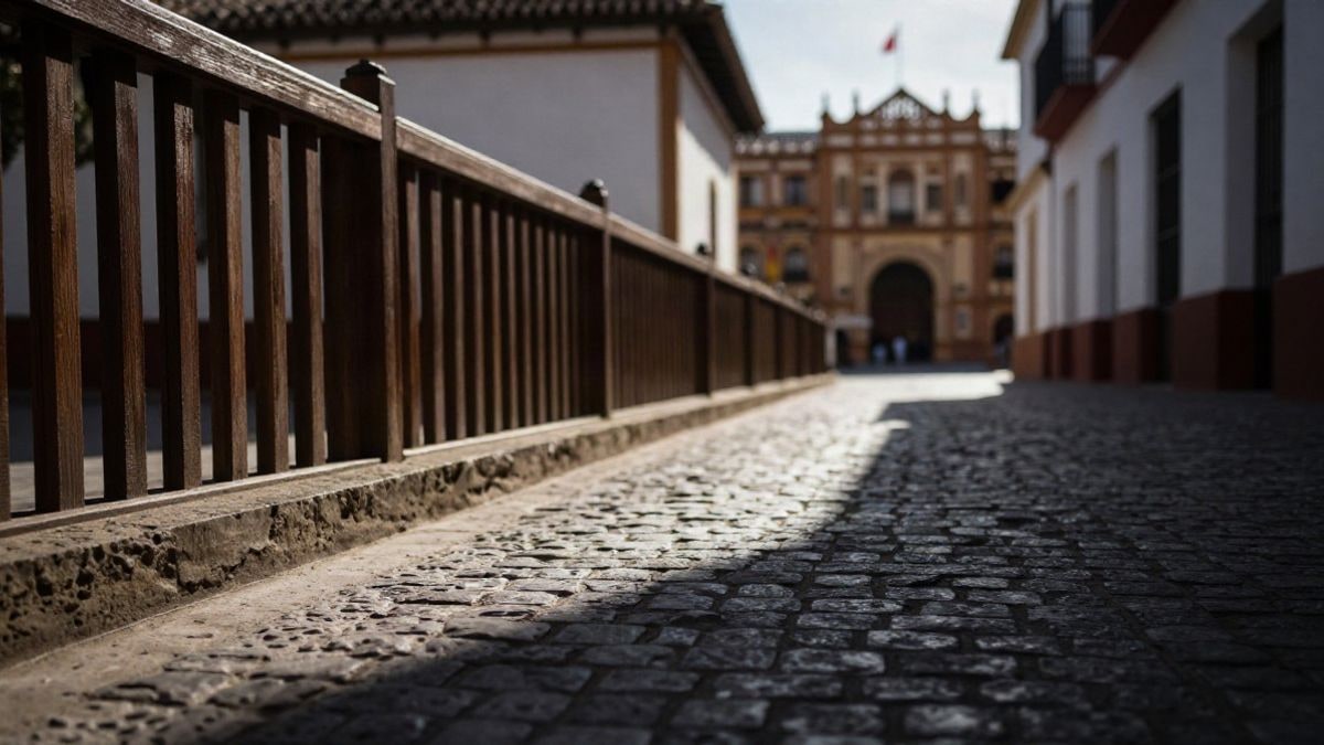 Imagen ilustrativa: calle estrecha con vallas de madera y pavimento adoquinado, iluminada por luz matinal dramática