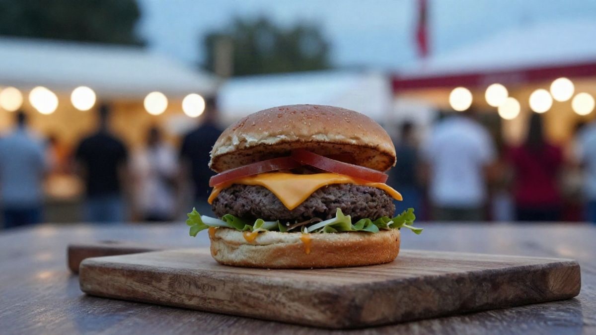 Imagen ilustrativa: hamburguesa artesanal sobre tabla de madera en un ambiente festivo al atardecer.