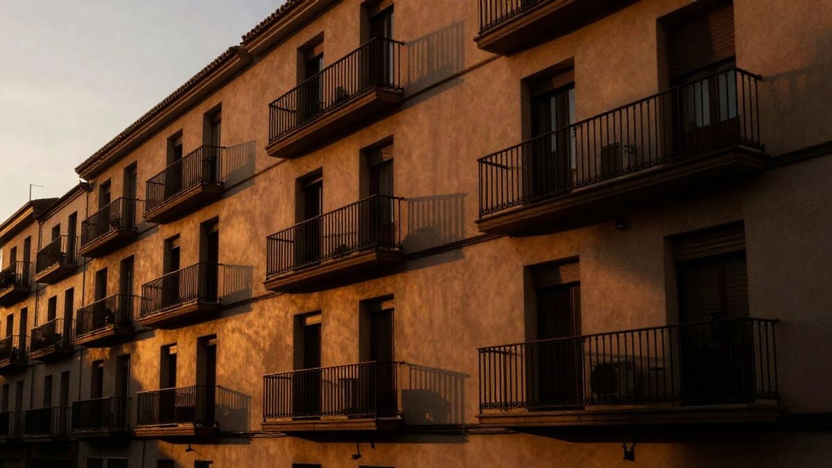 Imagen ilustrativa: contraluz al atardecer de una fila de balcones vacíos en un edificio de viviendas