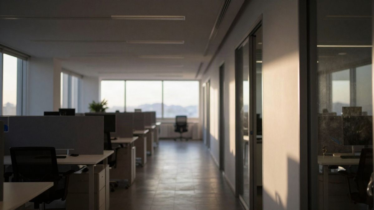 Imagen ilustrativa: un pasillo de oficina vacío con líneas que convergen hacia una ventana iluminada