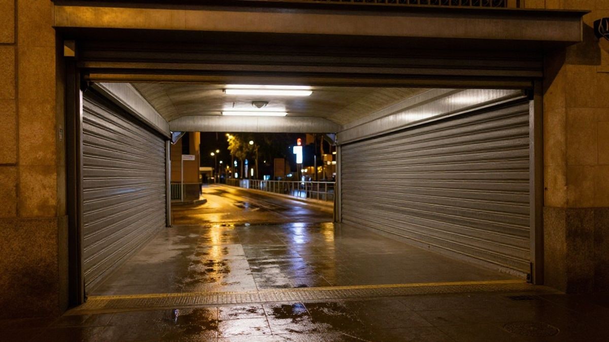 Imagen ilustrativa: entrada cerrada de una estación de metro con persiana metálica bajada, iluminada por farolas de noche