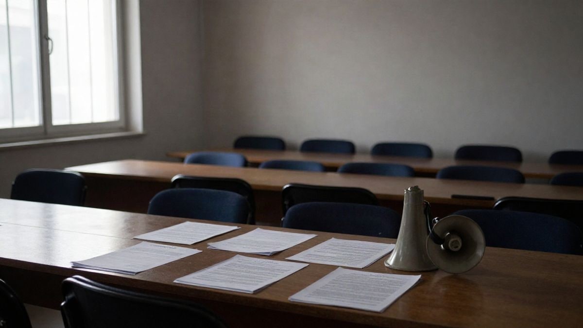 Imagen ilustrativa: sala de reuniones sindical con sillas vacías y documentos sobre una mesa junto a la ventana