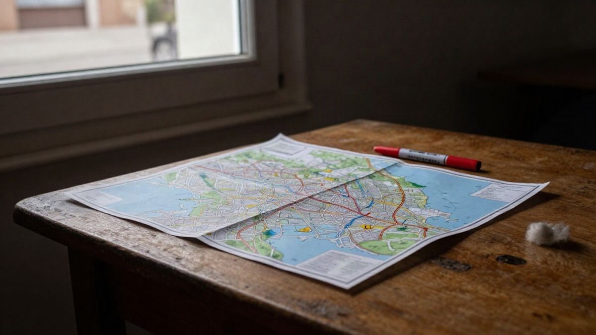 Imagen ilustrativa: mapa de ciudad desplegado sobre una mesa de madera junto a una ventana con luz lateral