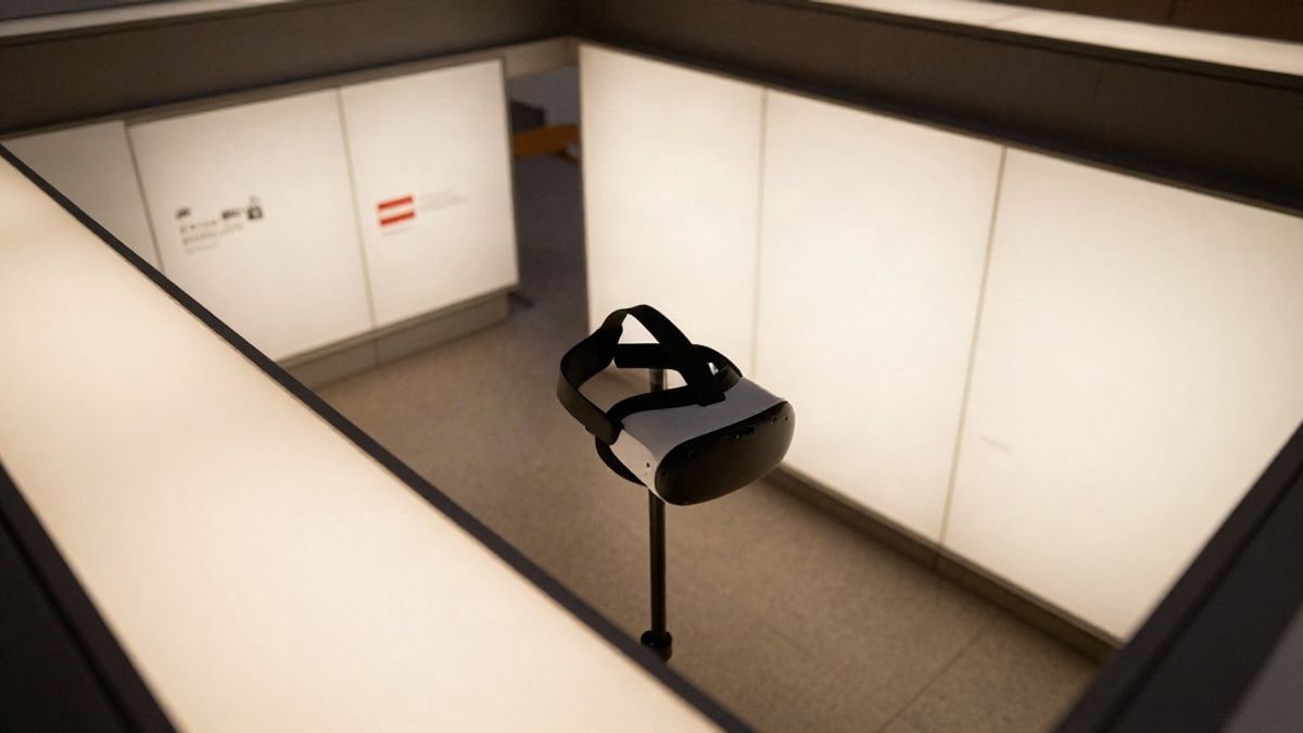 Imagen ilustrativa: vista cenital de una sala de exposiciones con paneles iluminados y unas gafas de realidad virtual