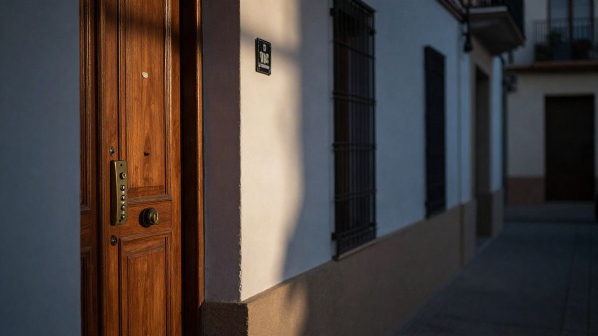 Imagen ilustrativa: portal de un edificio residencial con un timbre de latón y una puerta cerrada al atardecer
