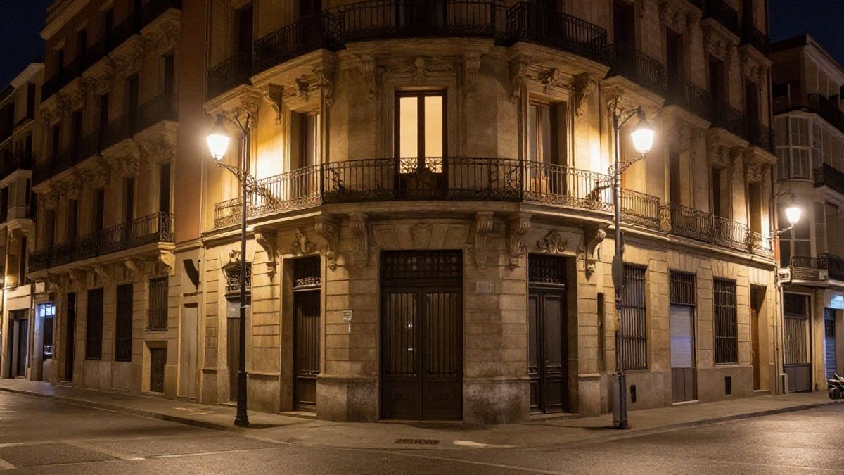 Imagen ilustrativa: fachada de un edificio señorial de varias plantas iluminada por farolas en una calle nocturna