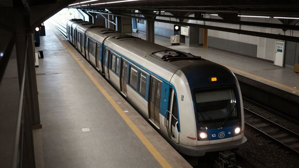 Imagen ilustrativa: vista cenital de un andén de metro con un tren moderno detenido, sin personas.