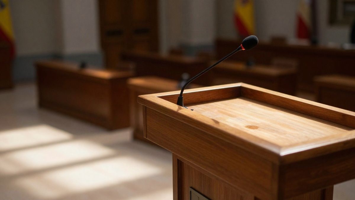 Imagen ilustrativa: un atril de madera con micrófono en una sala institucional vacía