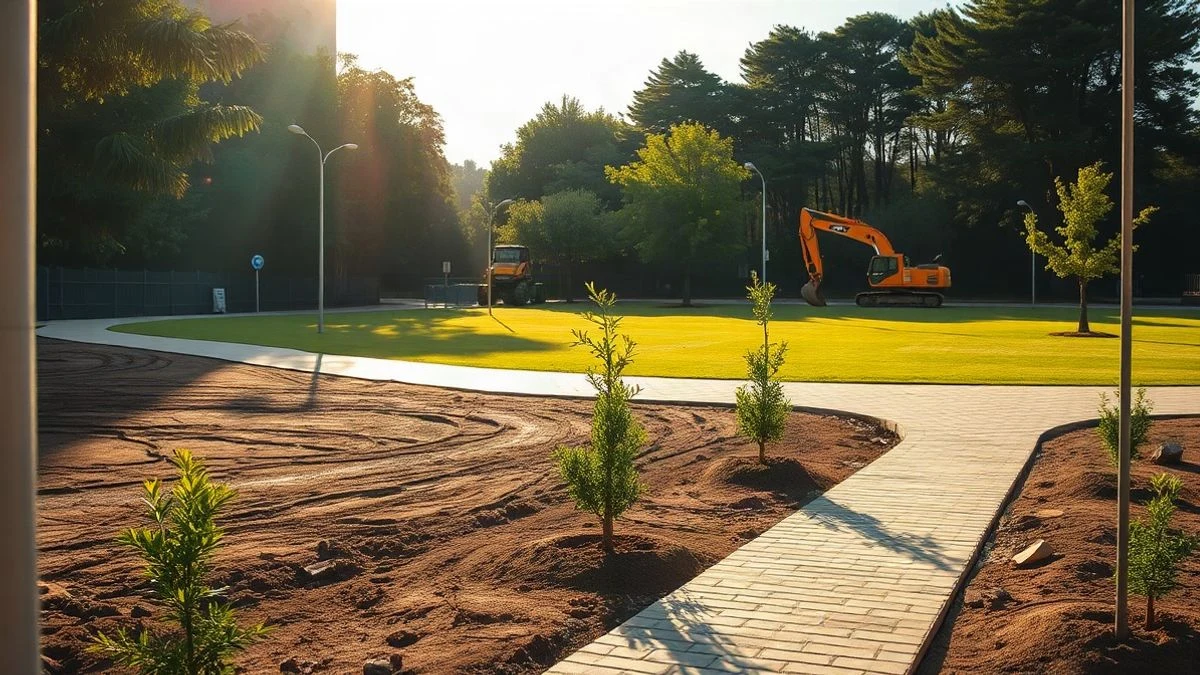 Imagen ilustrativa: un parque urbano en obras con caminos nuevos y árboles recién plantados, al fondo un bosque.